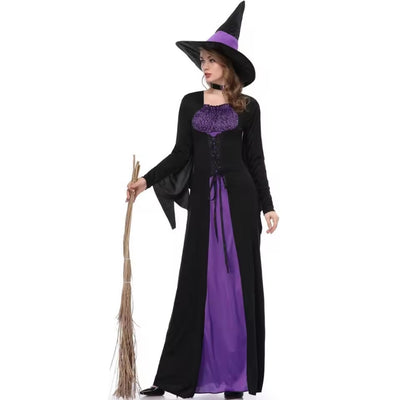 Halloween Heksen Kostuum met Heksenhoed - Zwart/Paars