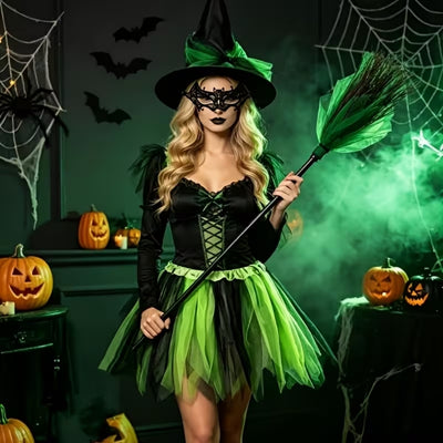 Halloween Heksenjurk met Hoed, Kanten Oogmasker en Bezem