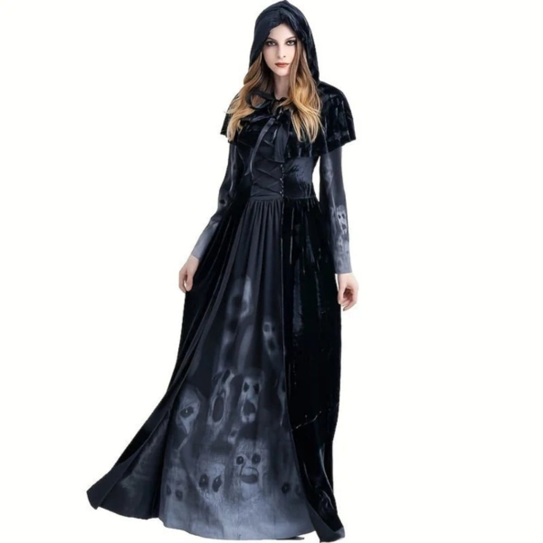 Halloween Heksen Jurk met Schedelprint en Capuchon-Cape