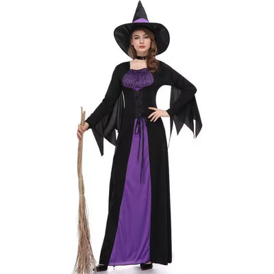 Halloween Heksen Kostuum met Heksenhoed - Zwart/Paars