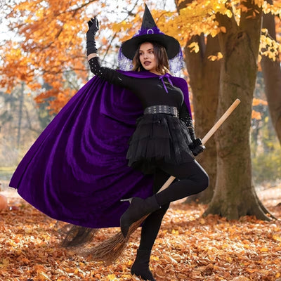 Halloween Heksen Kostuum - Paarse Fluwelen Cape met Hoed