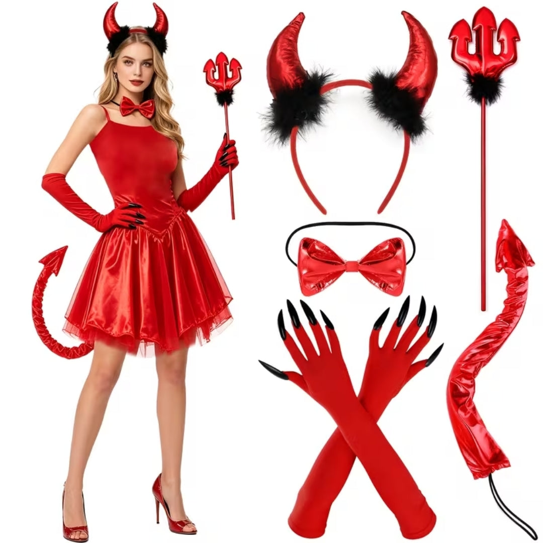 Halloween Duivel Kostuum Dames - 5-Delig met Hoorns en Drietand