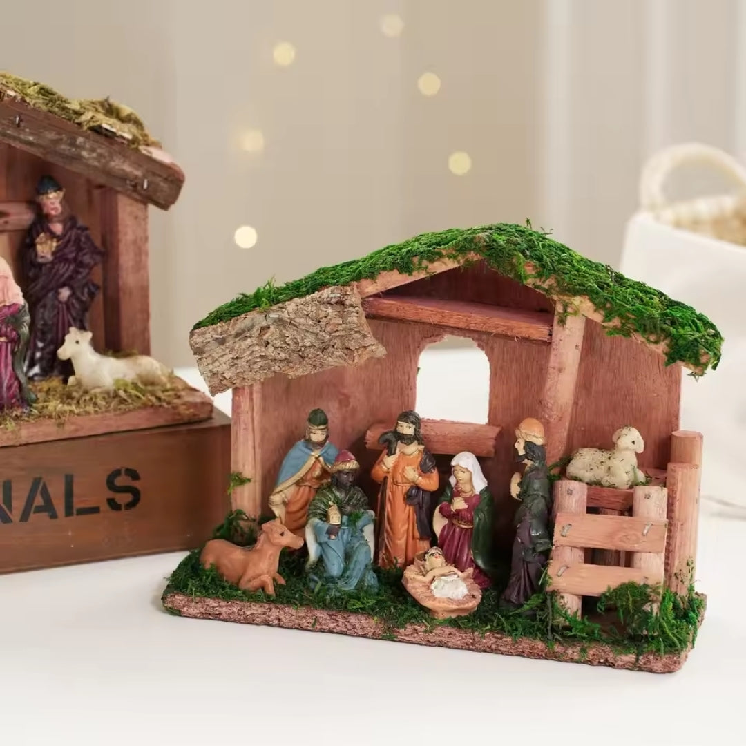 Kerstdecoratie Kerststal - Decoratief Geboortetafereel in Houten Huisje