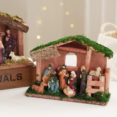Kerstdecoratie Kerststal - Decoratief Geboortetafereel in Houten Huisje