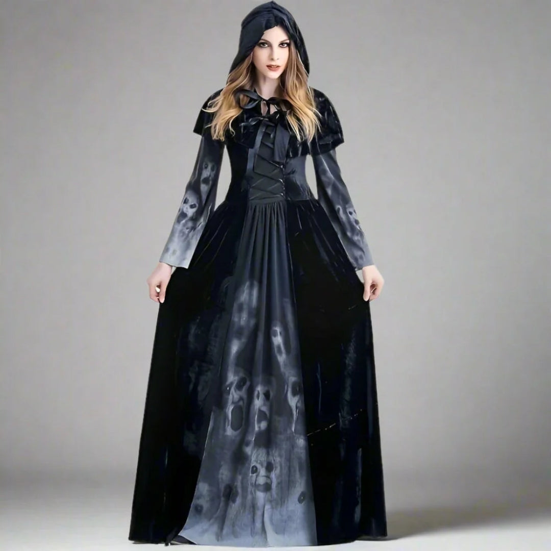 Halloween Heksen Jurk met Schedelprint en Capuchon-Cape