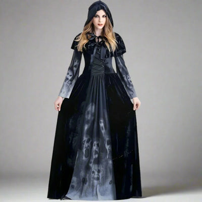 Halloween Heksen Jurk met Schedelprint en Capuchon-Cape
