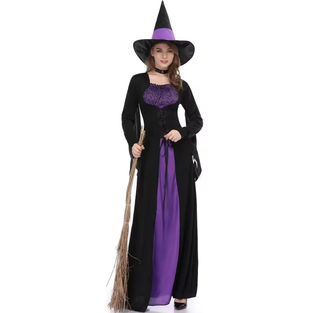 Halloween Heksen Kostuum met Heksenhoed - Zwart/Paars