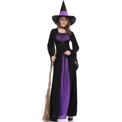 Halloween Heksen Kostuum met Heksenhoed - Zwart/Paars