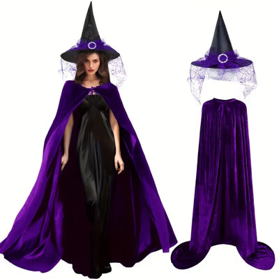 Halloween Heksen Kostuum - Paarse Fluwelen Cape met Hoed