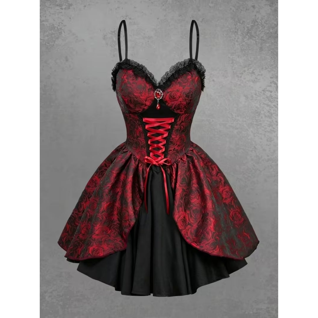 Halloween Vampier Kostuum - Gothic Korte Jurk met Rozenpatroon
