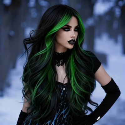 Halloween Pruik - Lang en Golvend met Groene Highlights