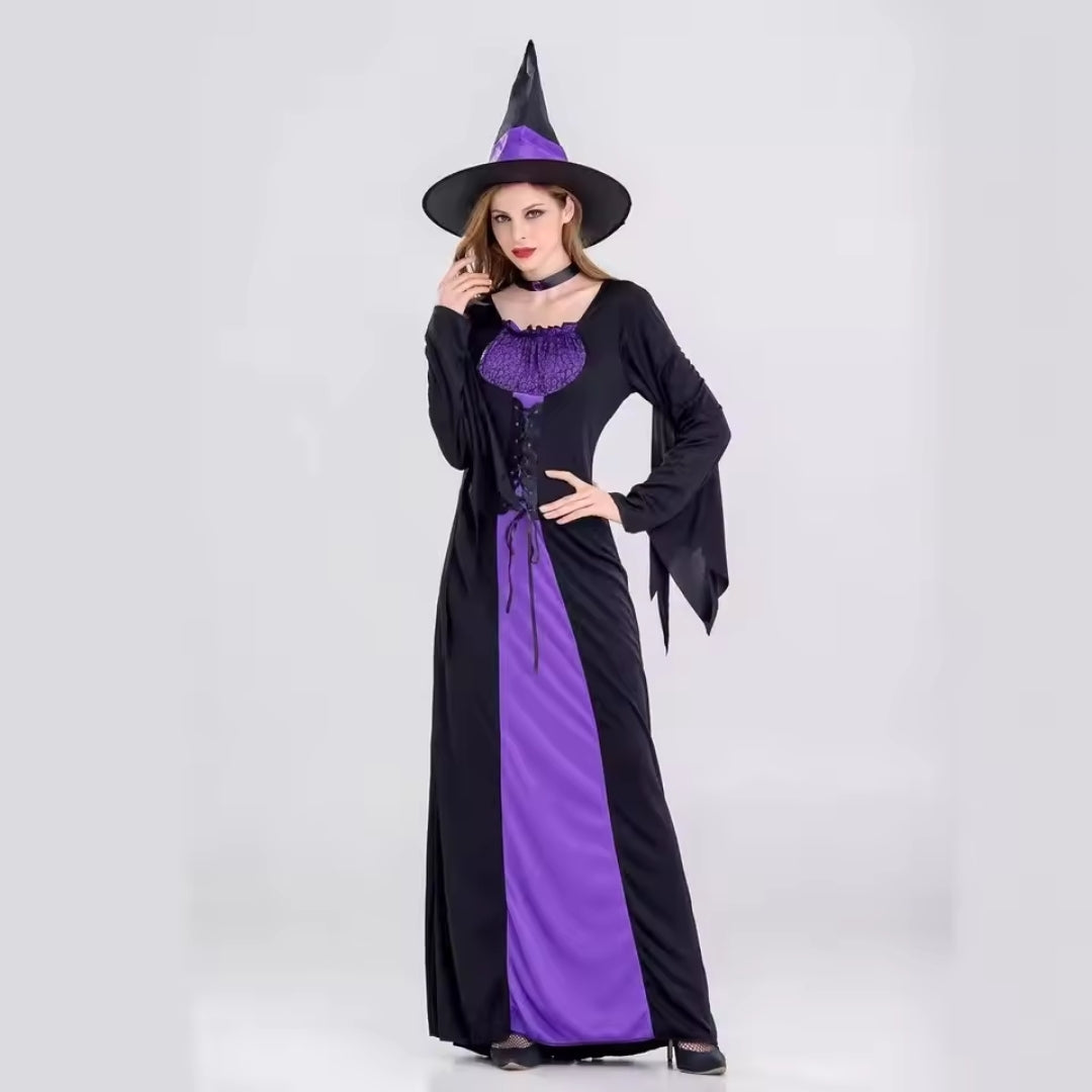 Halloween Heksen Kostuum met Heksenhoed - Zwart/Paars