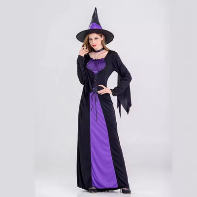 Halloween Heksen Kostuum met Heksenhoed - Zwart/Paars