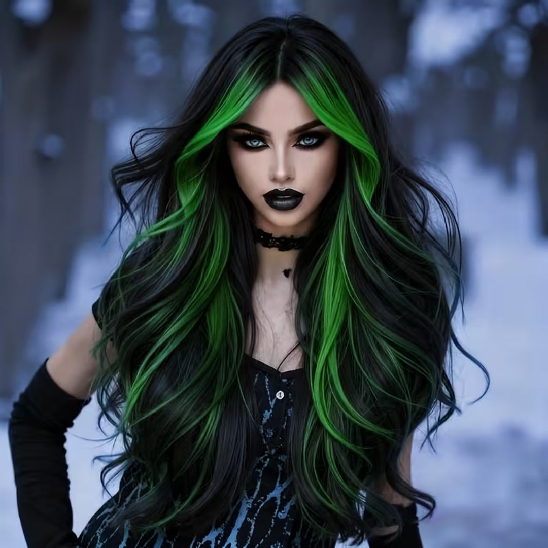 Halloween Pruik - Lang en Golvend met Groene Highlights