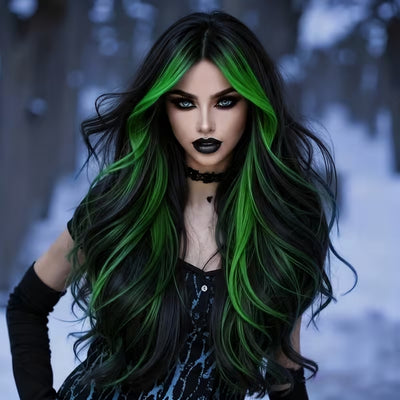 Halloween Pruik - Lang en Golvend met Groene Highlights