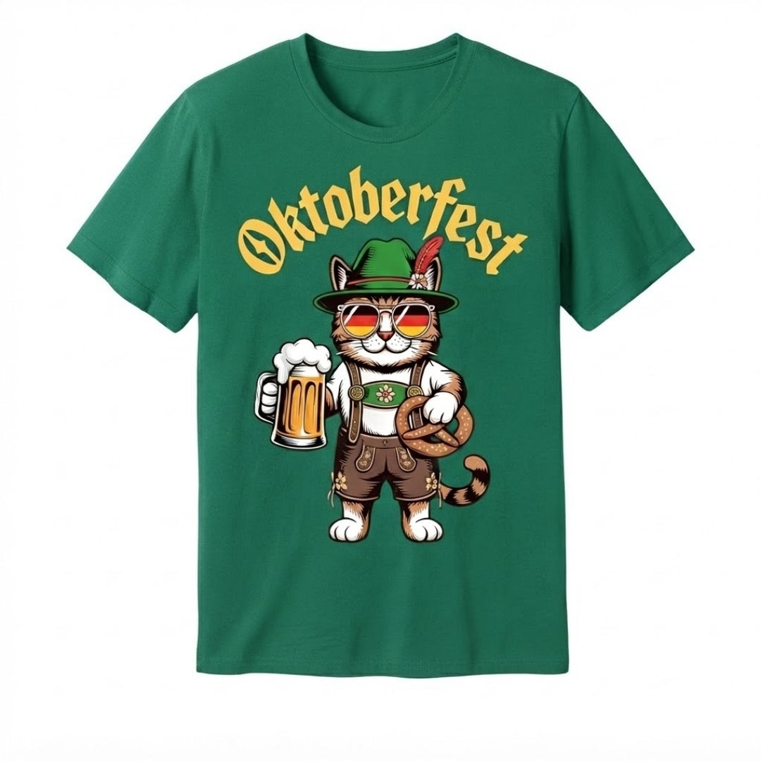 Oktoberfest T-Shirt Heren - Kat Met Pretzel En Bierprint