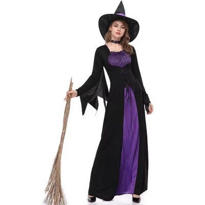 Halloween Heksen Kostuum met Heksenhoed - Zwart/Paars