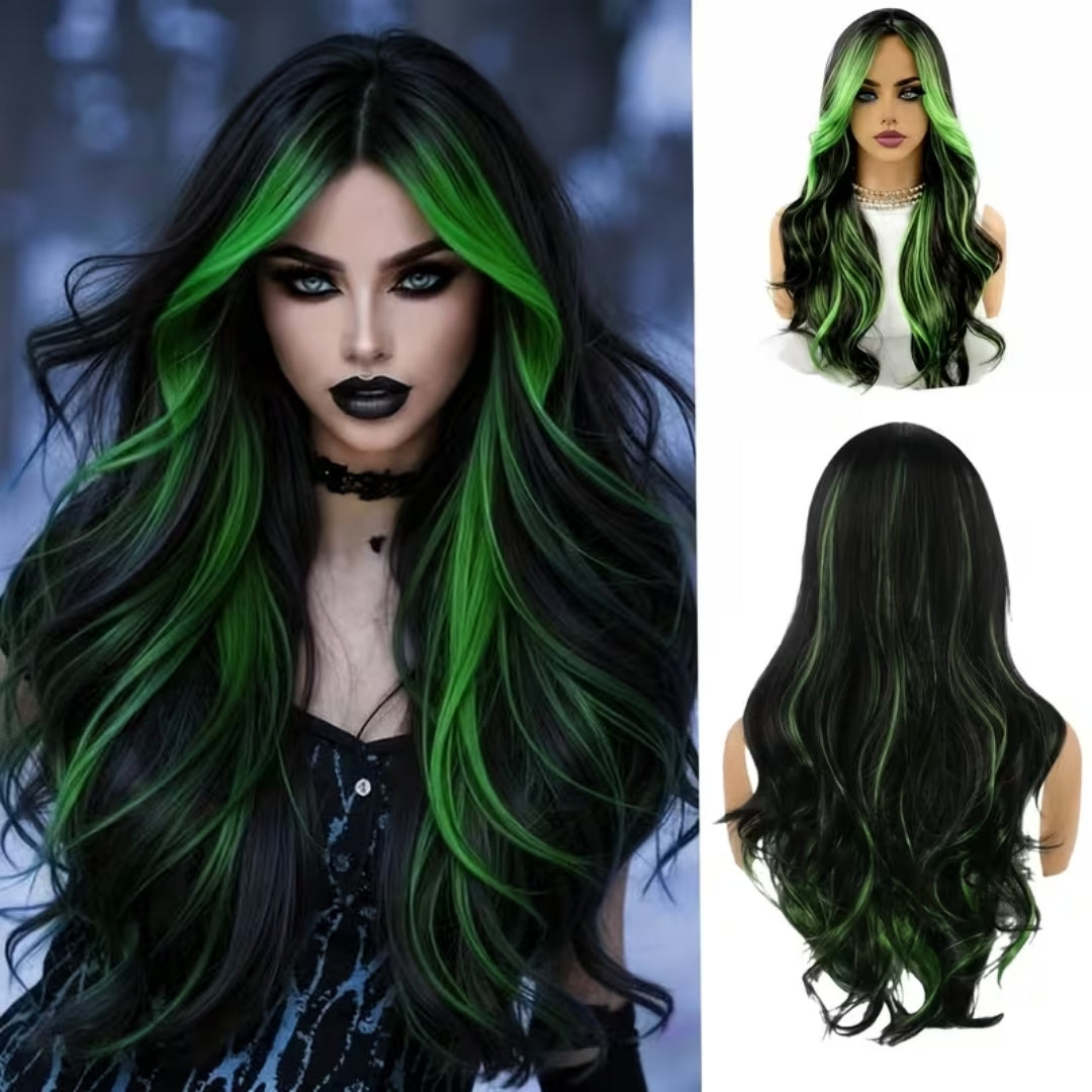 Halloween Pruik - Lang en Golvend met Groene Highlights