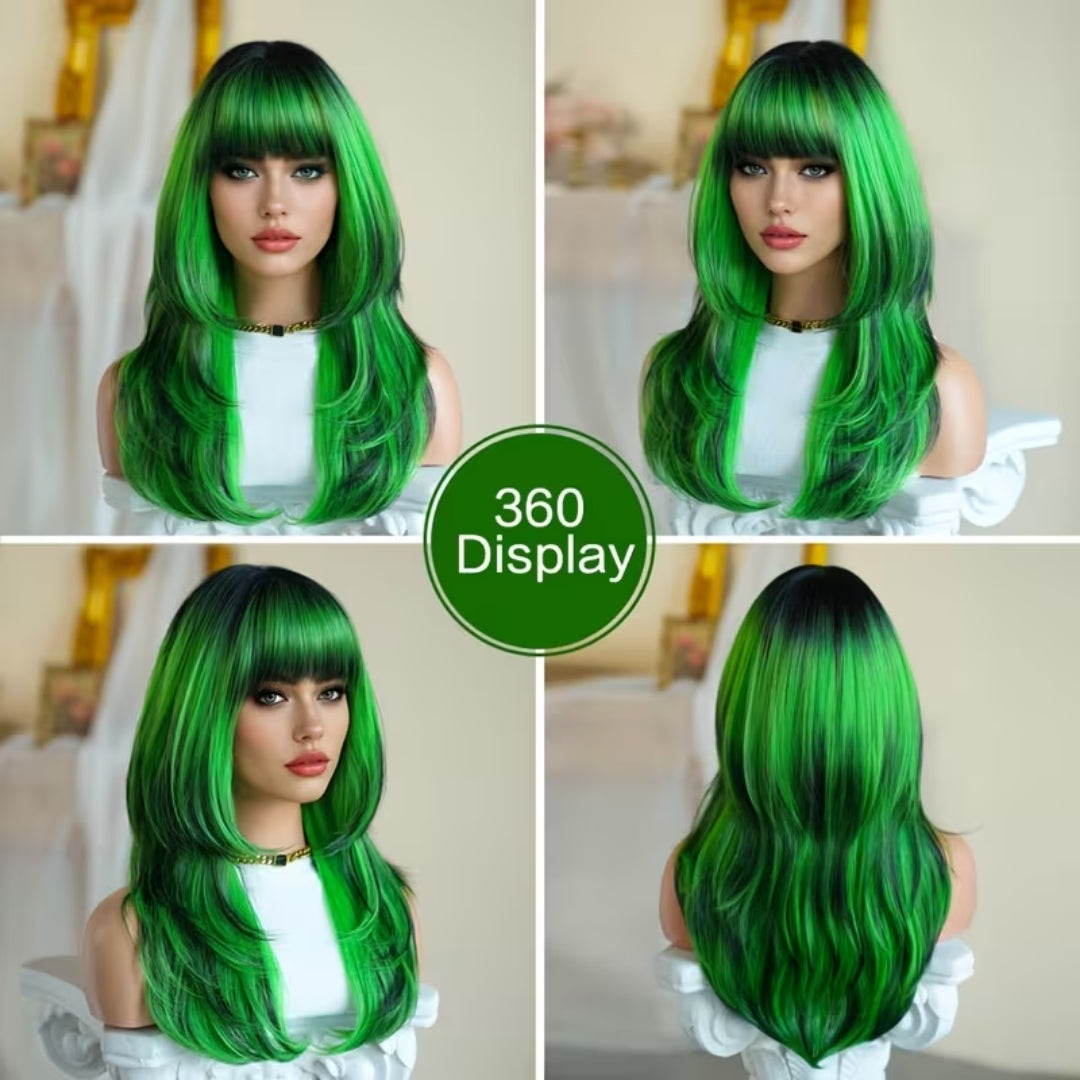 Halloween Pruik Groen - Lang en Golvend met Pony