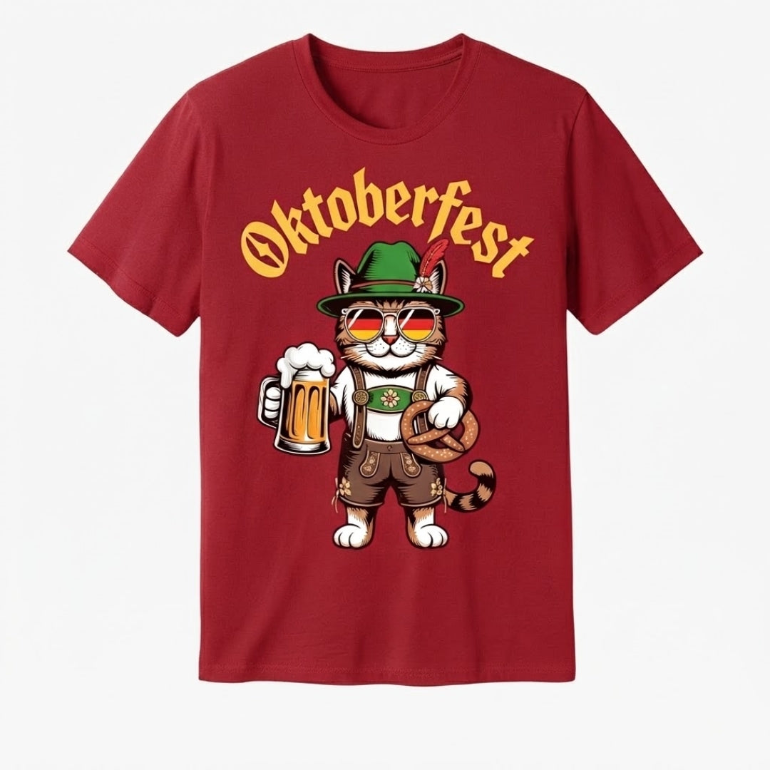 Oktoberfest T-Shirt Heren - Kat Met Pretzel En Bierprint