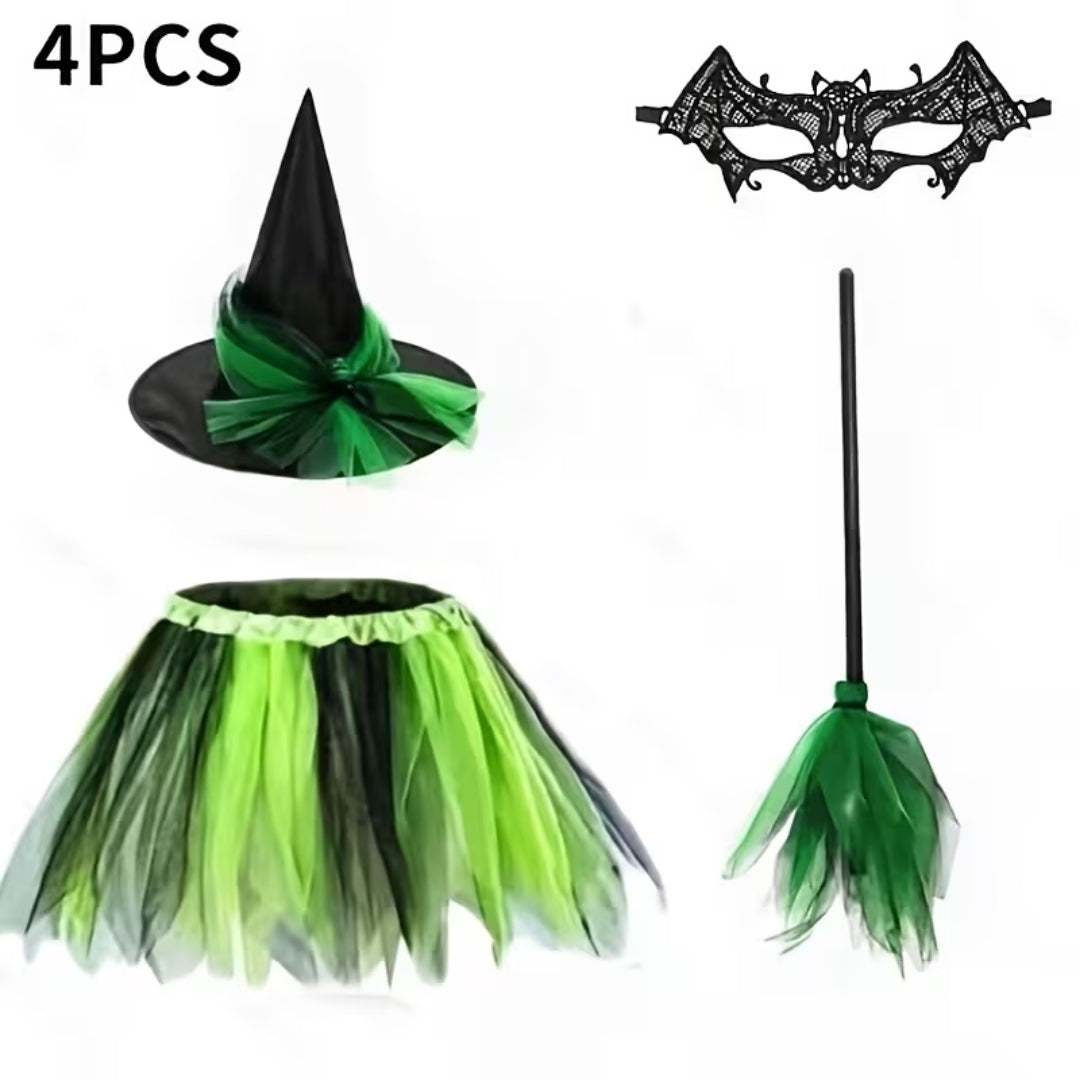 Halloween Heksenjurk met Hoed, Kanten Oogmasker en Bezem
