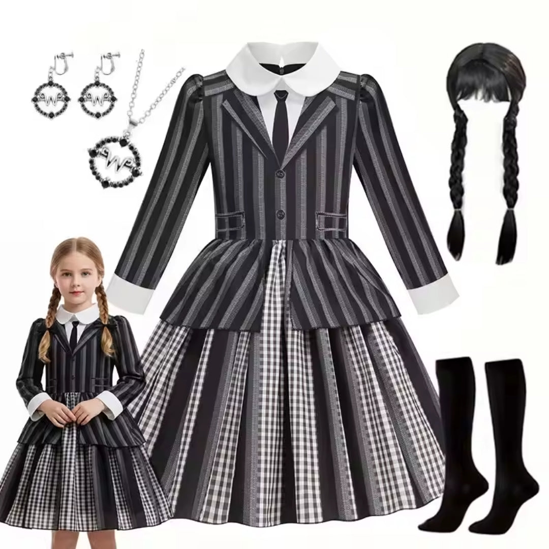 Kids Halloween Wednesday Kostuum met Pruik en Accessoires