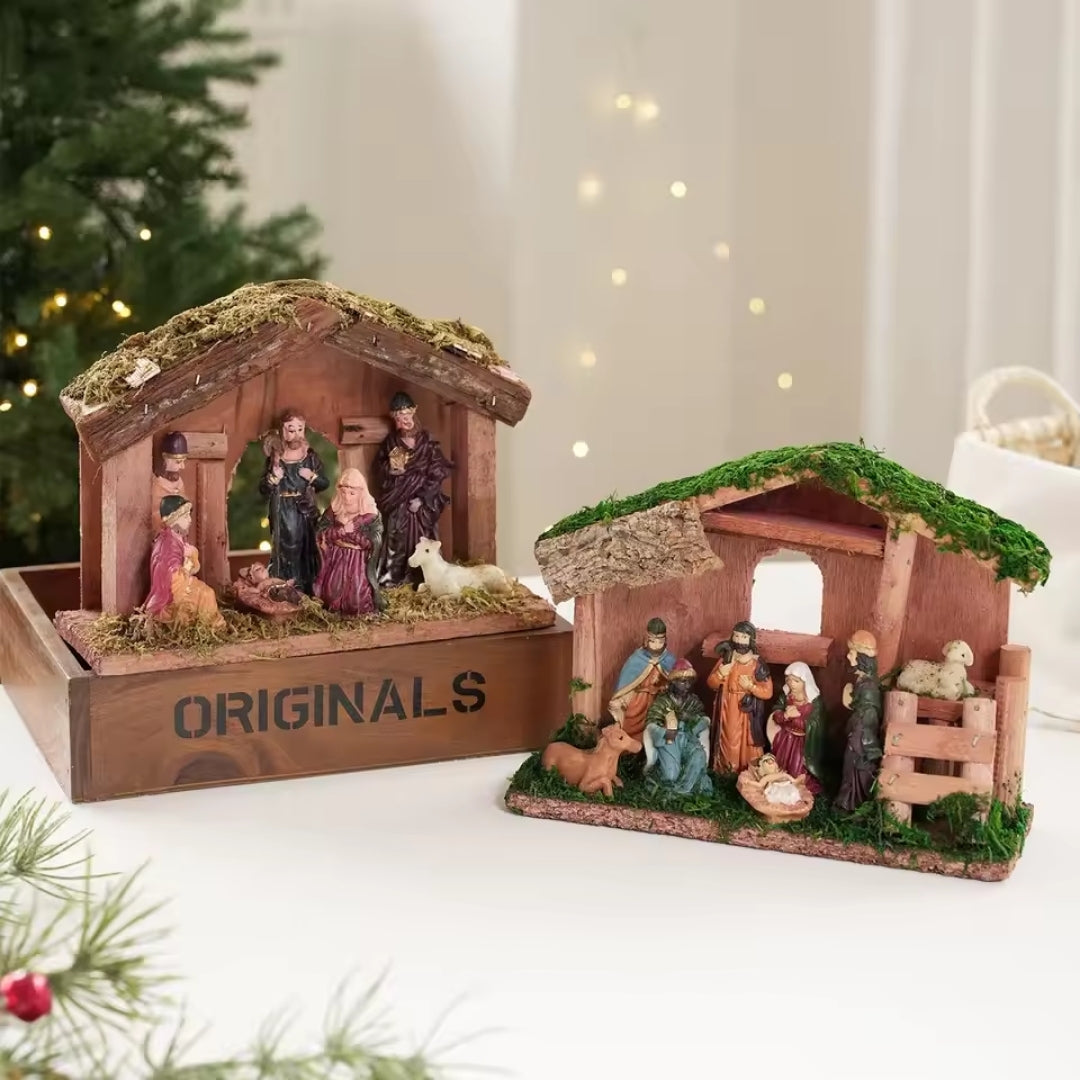 Kerstdecoratie Kerststal - Decoratief Geboortetafereel in Houten Huisje