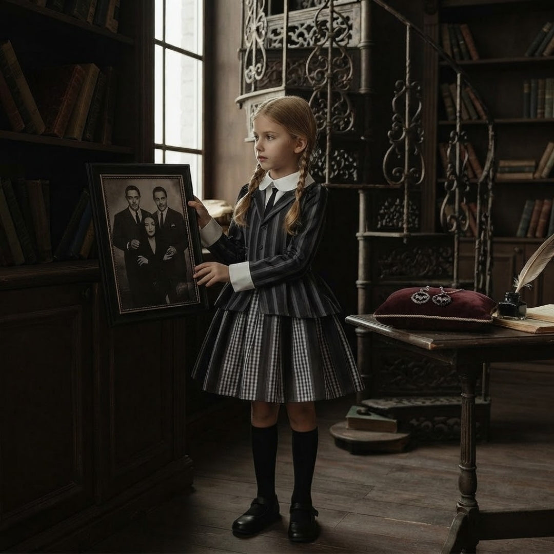 Kids Halloween Wednesday Kostuum met Pruik en Accessoires
