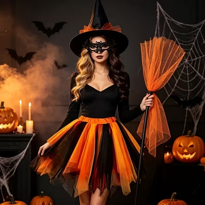 Halloween Heksenjurk met Hoed, Kanten Oogmasker en Bezem