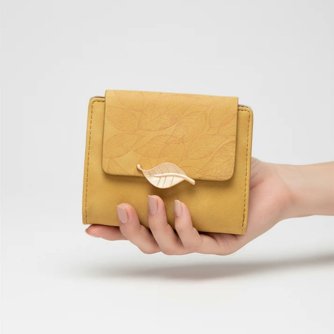 Dames Portemonnee - Compact Model Met Bladmotief En Dubbele Sluiting