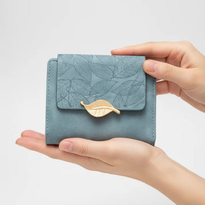 Dames Portemonnee - Compact Model Met Bladmotief En Dubbele Sluiting