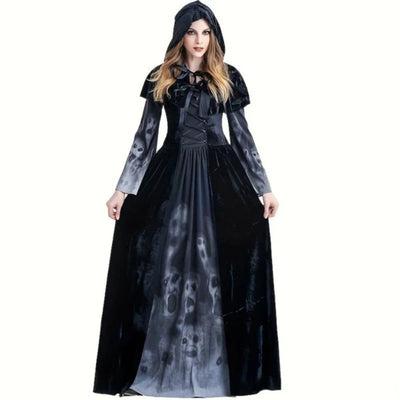 Halloween Heksen Jurk met Schedelprint en Capuchon-Cape