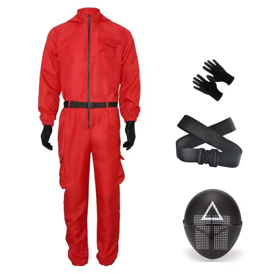Halloween Kostuum - Squid Game Jumpsuit met Masker en Handschoenen