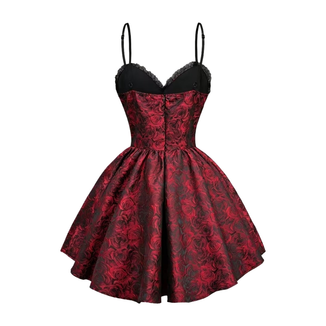 Halloween Vampier Kostuum - Gothic Korte Jurk met Rozenpatroon