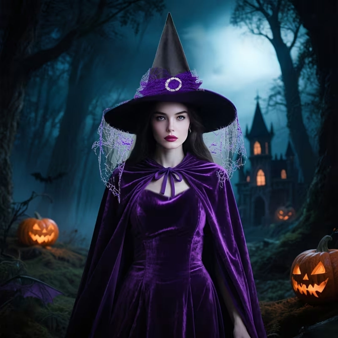 Halloween Heksen Kostuum - Paarse Fluwelen Cape met Hoed