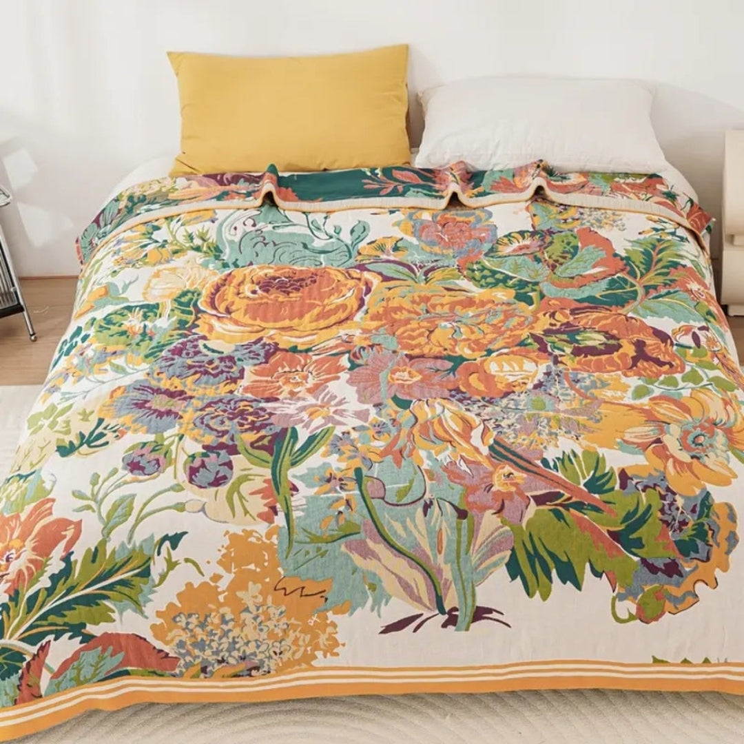 Katoenen Deken - Omkeerbare Bloemenprint met Jacquard Design