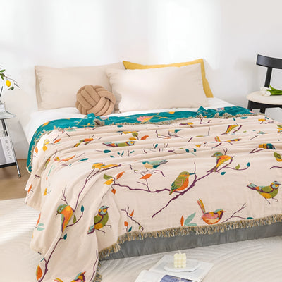 Katoenen Deken - Boho Vogelpatroon Met Decoratieve Franjes