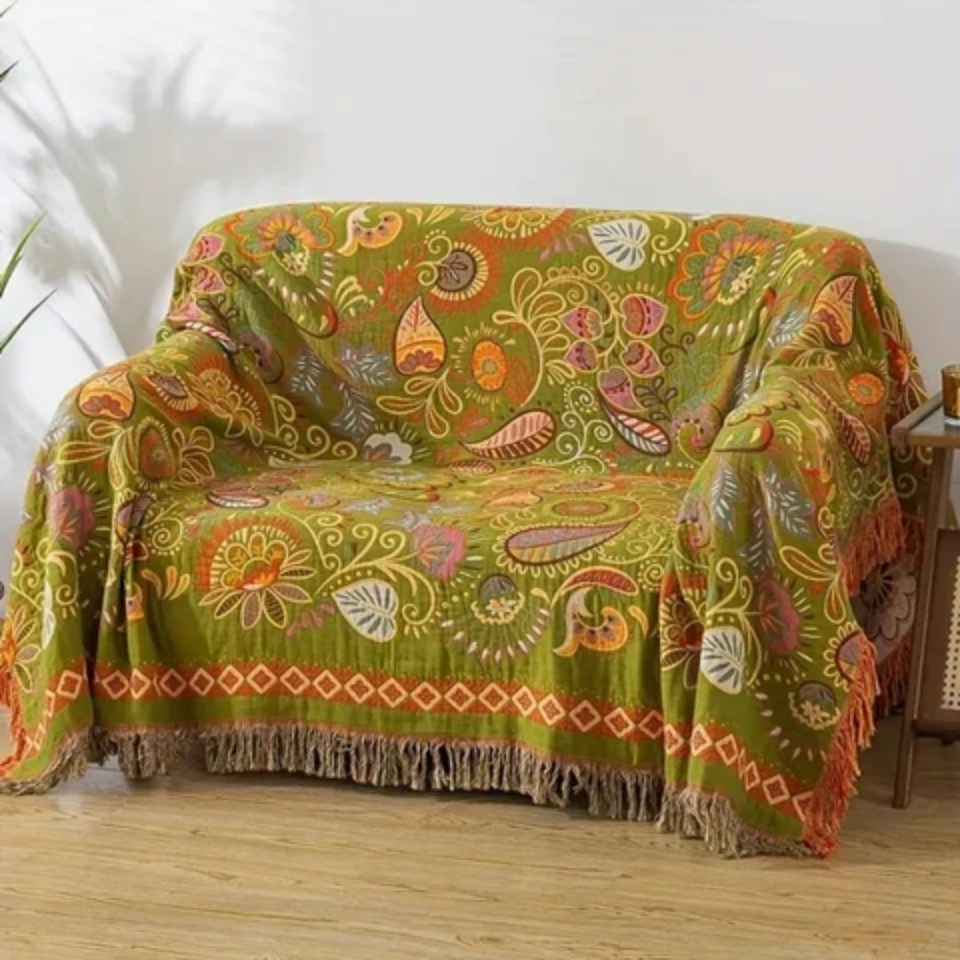 Boho Deken - Omkeerbaar met Herfstbladeren en Franjes