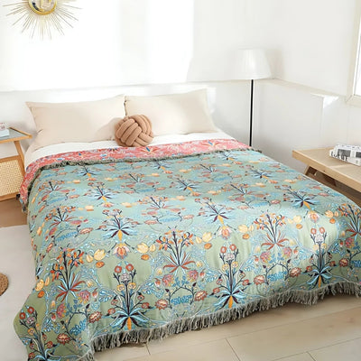 Katoenen Dekbed - Omkeerbaar Bloemenpatroon Met Decoratieve Franjes