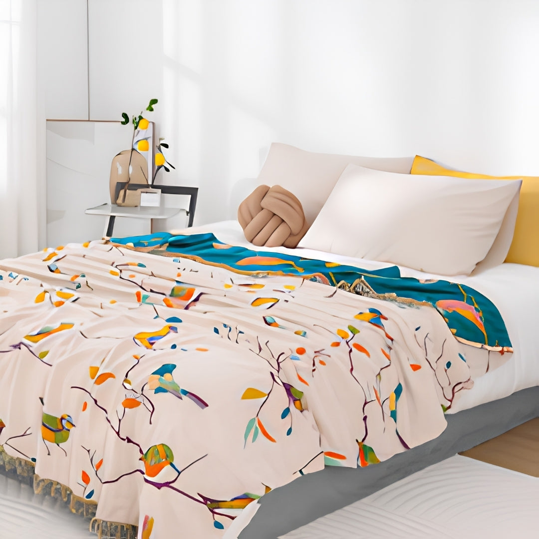 Katoenen Deken - Boho Vogelpatroon Met Decoratieve Franjes
