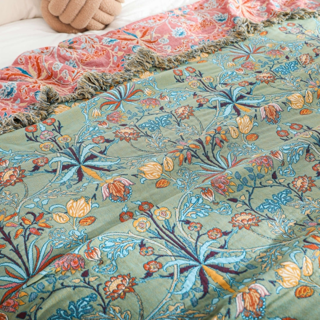 Katoenen Dekbed - Omkeerbaar Bloemenpatroon Met Decoratieve Franjes