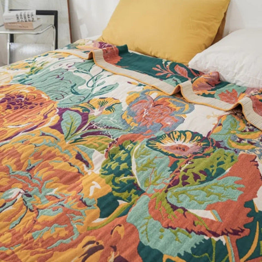 Katoenen Deken - Omkeerbare Bloemenprint met Jacquard Design