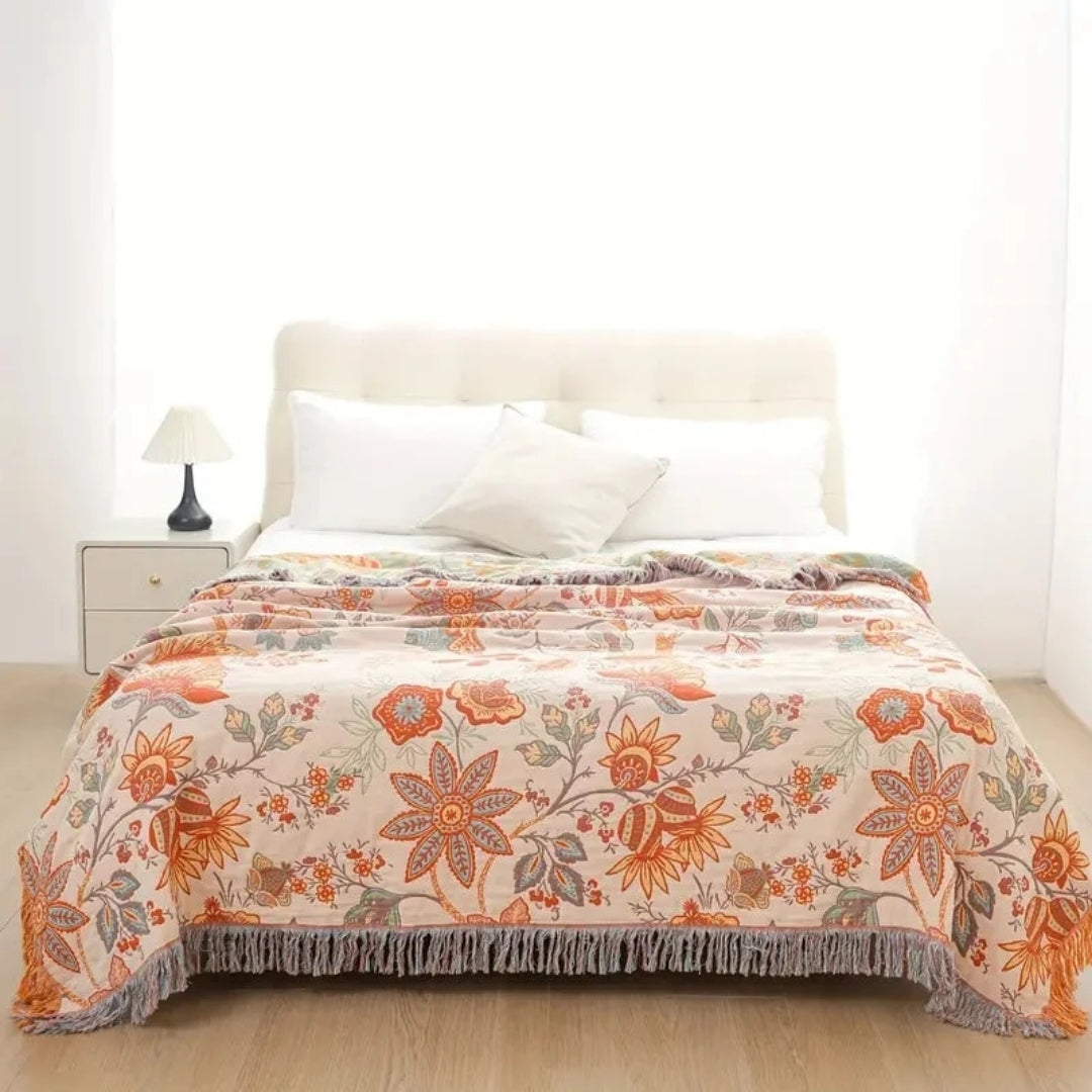 Bloemen Boho Deken - Rustiek Katoendesign Met Kleurrijk Flora Motief En Franjes