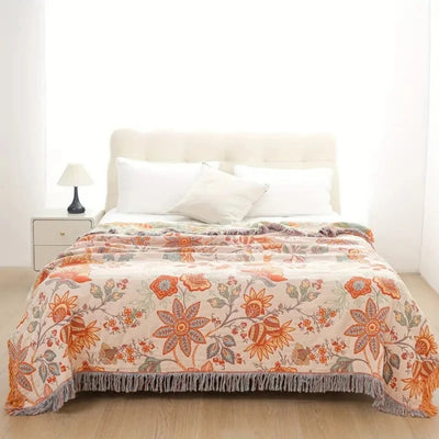 Bloemen Boho Deken - Rustiek Katoendesign Met Kleurrijk Flora Motief En Franjes