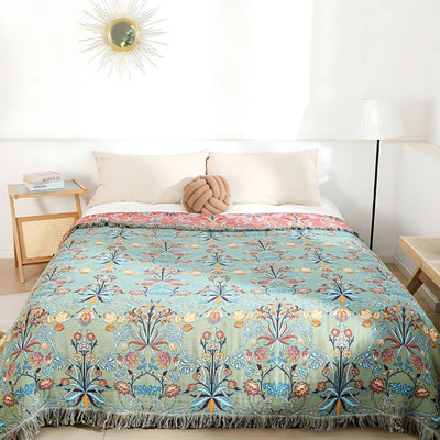 Katoenen Dekbed - Omkeerbaar Bloemenpatroon Met Decoratieve Franjes