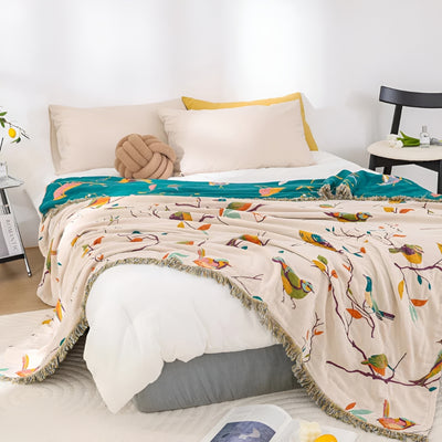 Katoenen Deken - Boho Vogelpatroon Met Decoratieve Franjes