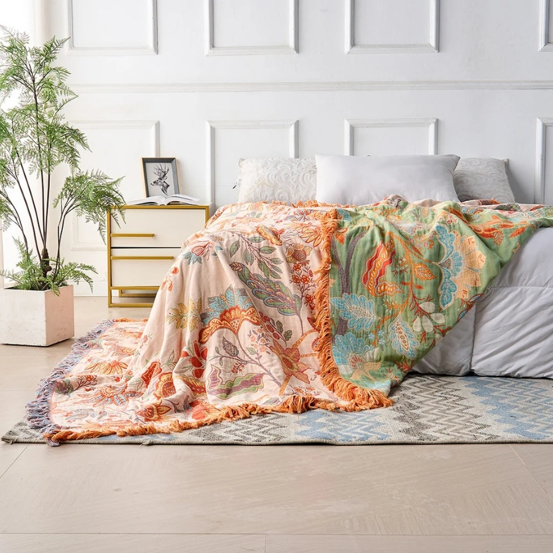 Bloemen Boho Deken - Rustiek Katoendesign Met Kleurrijk Flora Motief En Franjes