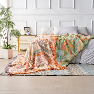 Bloemen Boho Deken - Rustiek Katoendesign Met Kleurrijk Flora Motief En Franjes