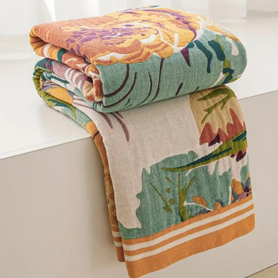 Katoenen Deken - Omkeerbare Bloemenprint met Jacquard Design