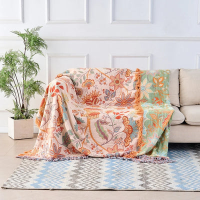 Bloemen Boho Deken - Rustiek Katoendesign Met Kleurrijk Flora Motief En Franjes